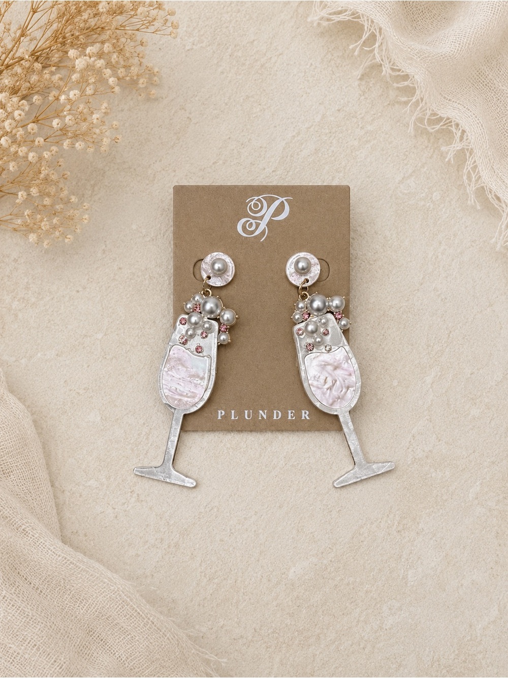 Plunder Silver & Pink Champagne Glass Drop Earrings